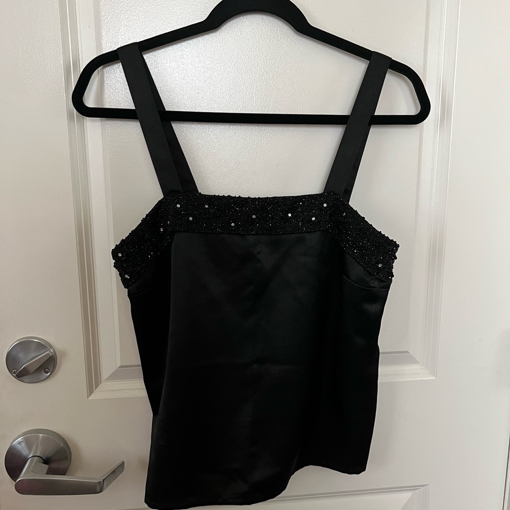 Black Beaded Tank Camisole Women’s Blouse Satin Thick Strap Top